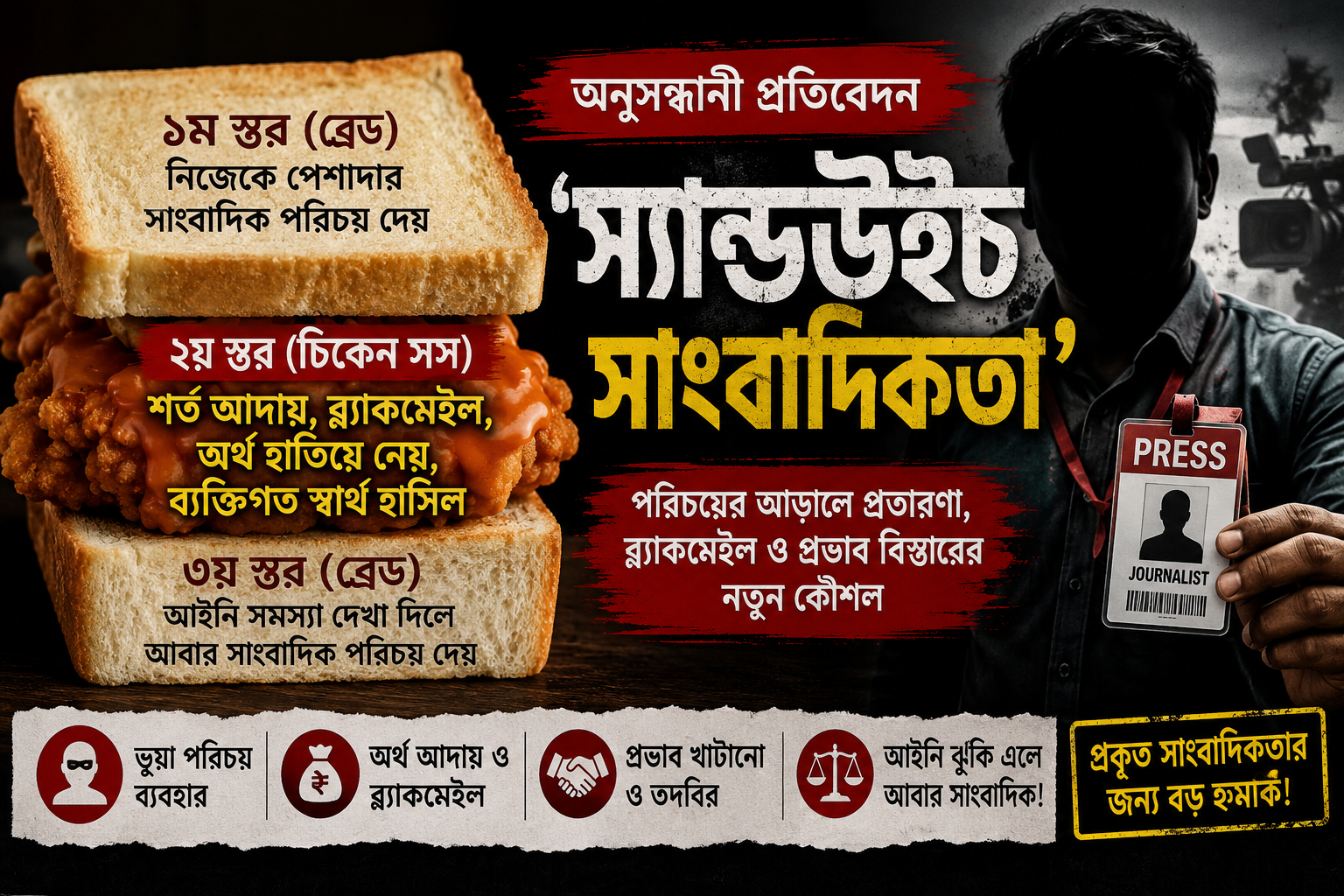 “স্যান্ডউইচ সাংবাদিকতা” : সাংবাদিক পরিচয়ের আড়ালে প্রতারণা, ব্ল্যাকমেইল ও পেশাগত সংকটের এক নতুন কৌশল